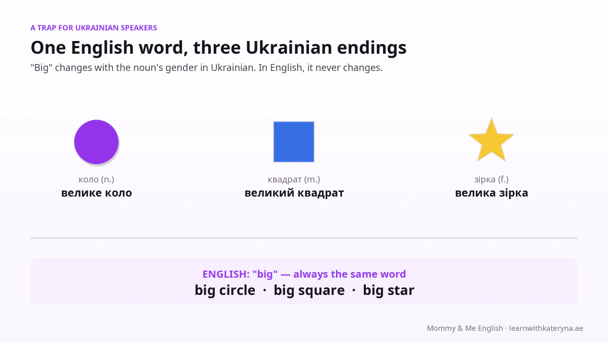 One English word, three Ukrainian endings — велике коло, великий квадрат, велика зірка all mean big, but English big never changes
