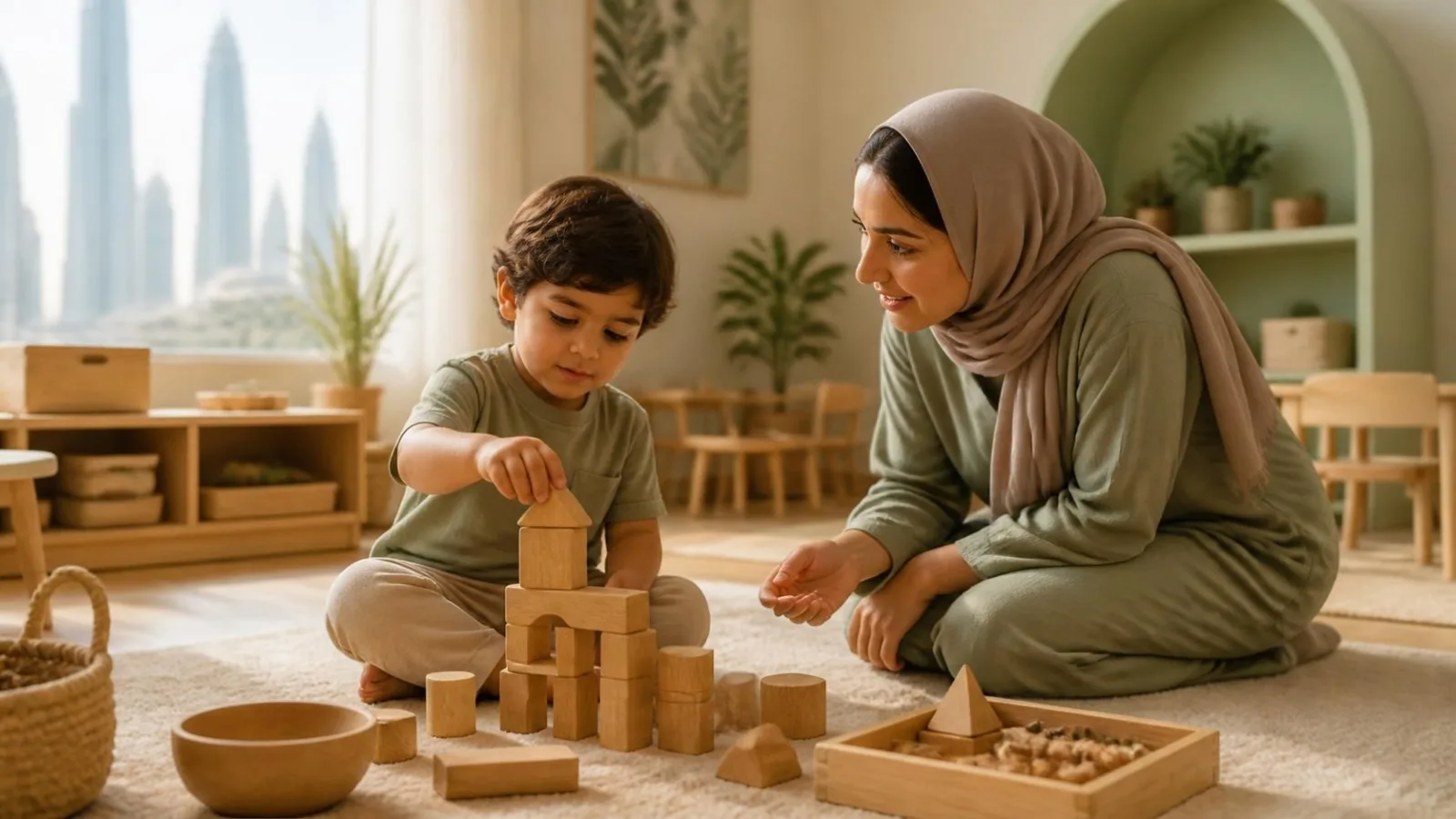 A young child playing with wooden blocks beside an educator in a bright Dubai nursery room — what the EYFS framework means for early years English