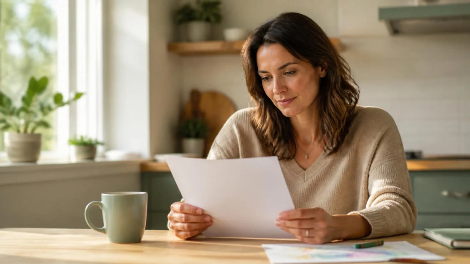 A parent reading a nursery progress report at a kitchen table — understanding EYFS assessment language in Dubai