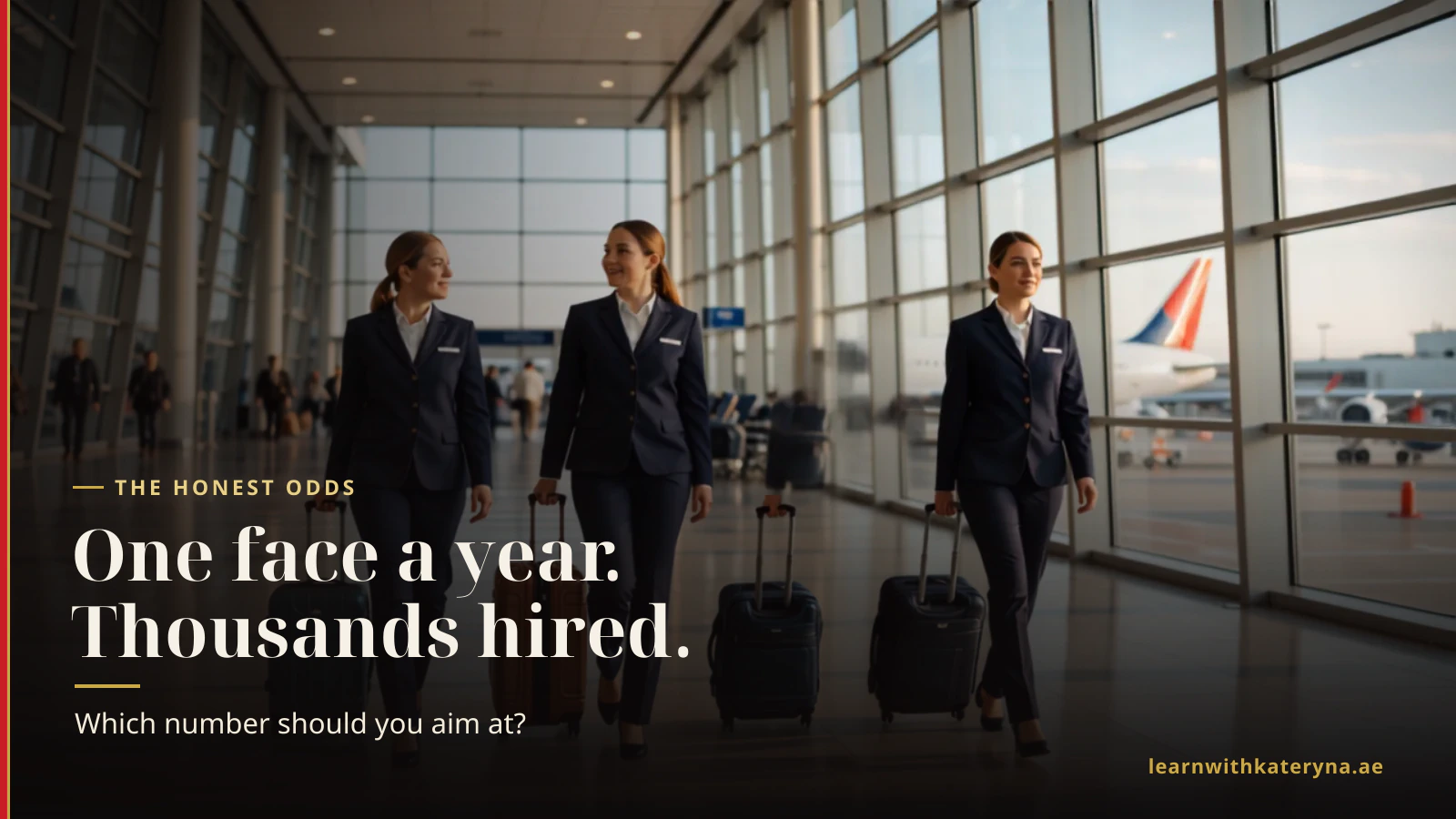 Three cabin crew members in plain navy uniforms walk through a sunlit airport terminal pulling cabin bags