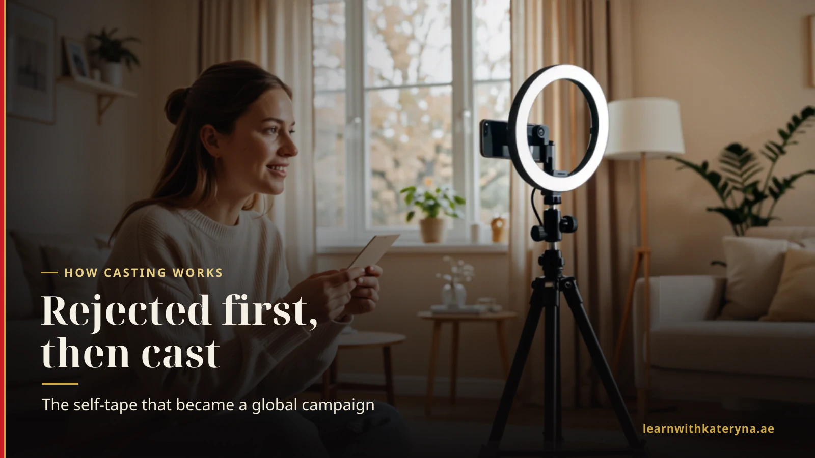 A young woman films a self-tape audition on a smartphone on a tripod with a ring light in a bright living room