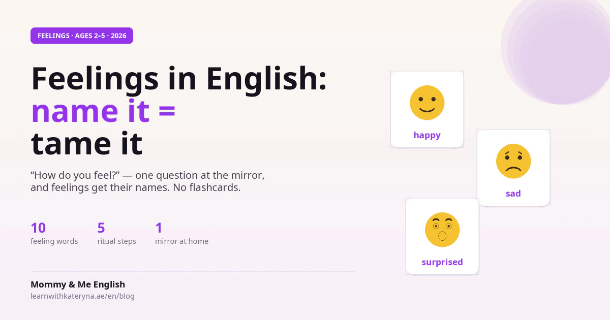 Feelings in English for kids — 10 words, the mirror ritual and the name-it-to-tame-it principle, 2026 guide