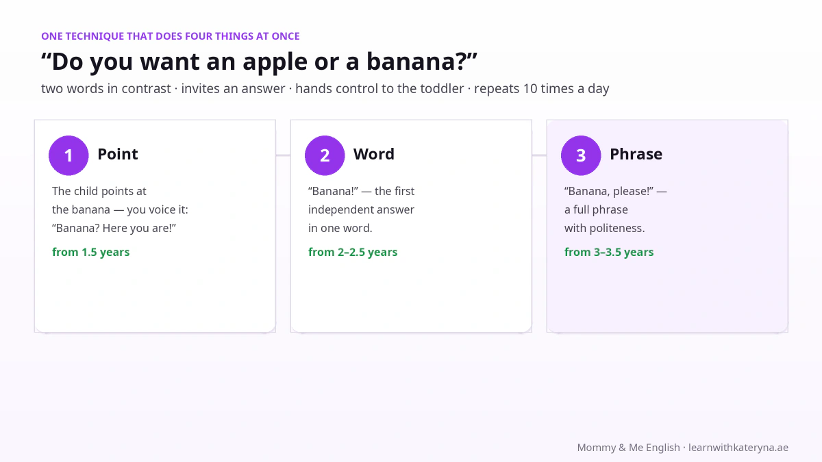 The choice question Do you want an apple or a banana — the food topic engine: three answer levels from pointing to a phrase