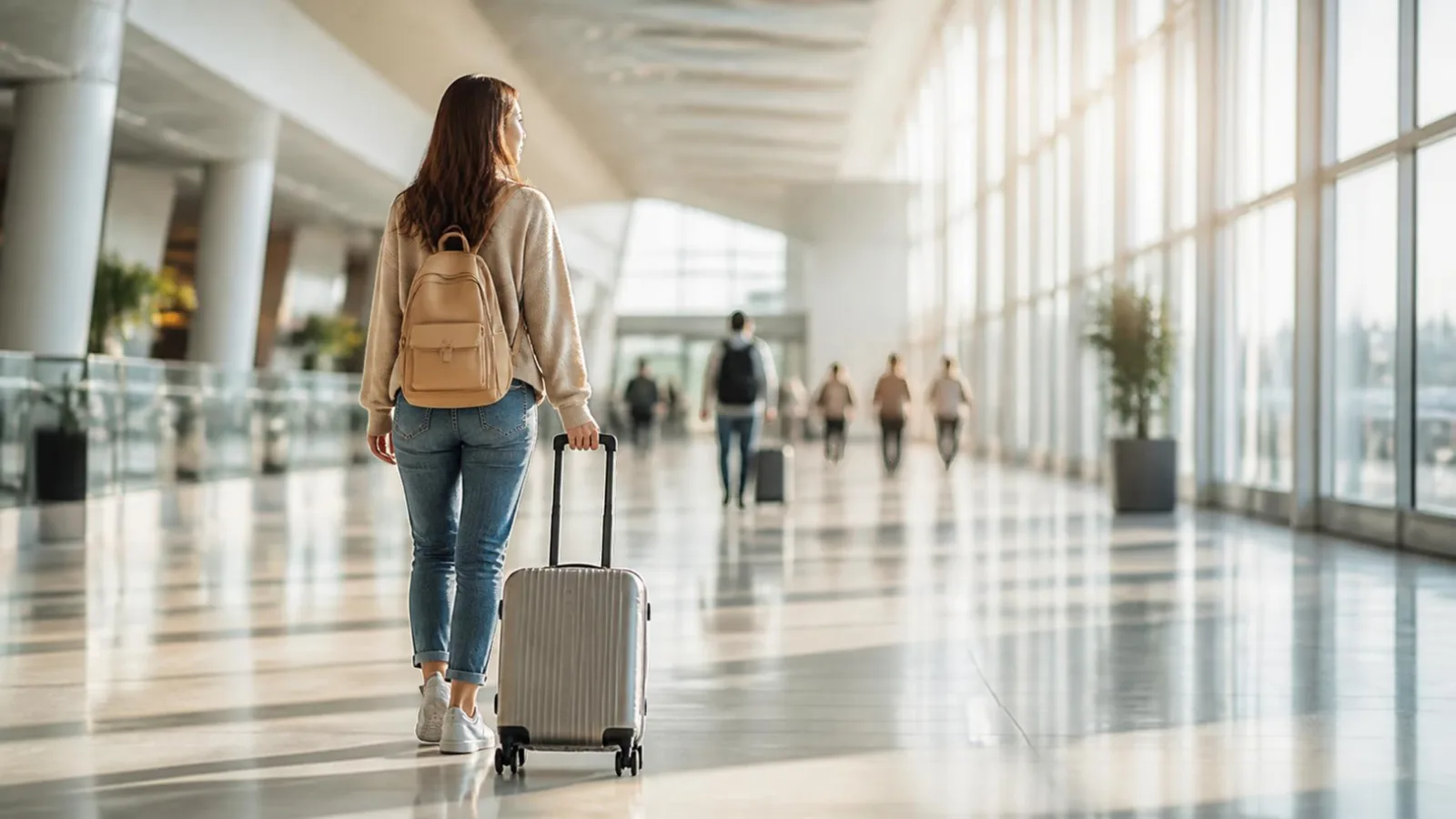 A young woman with cabin baggage walking through a bright airport corridor towards the gate