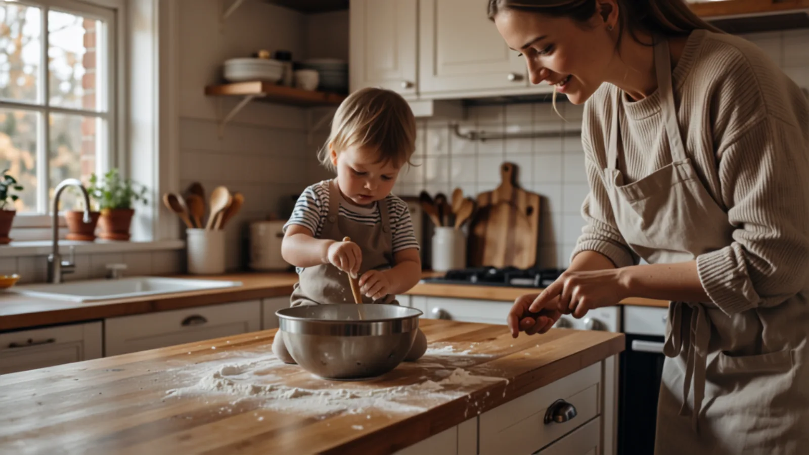 Mother and preschooler baking together at a kitchen counter, the child stirring a bowl