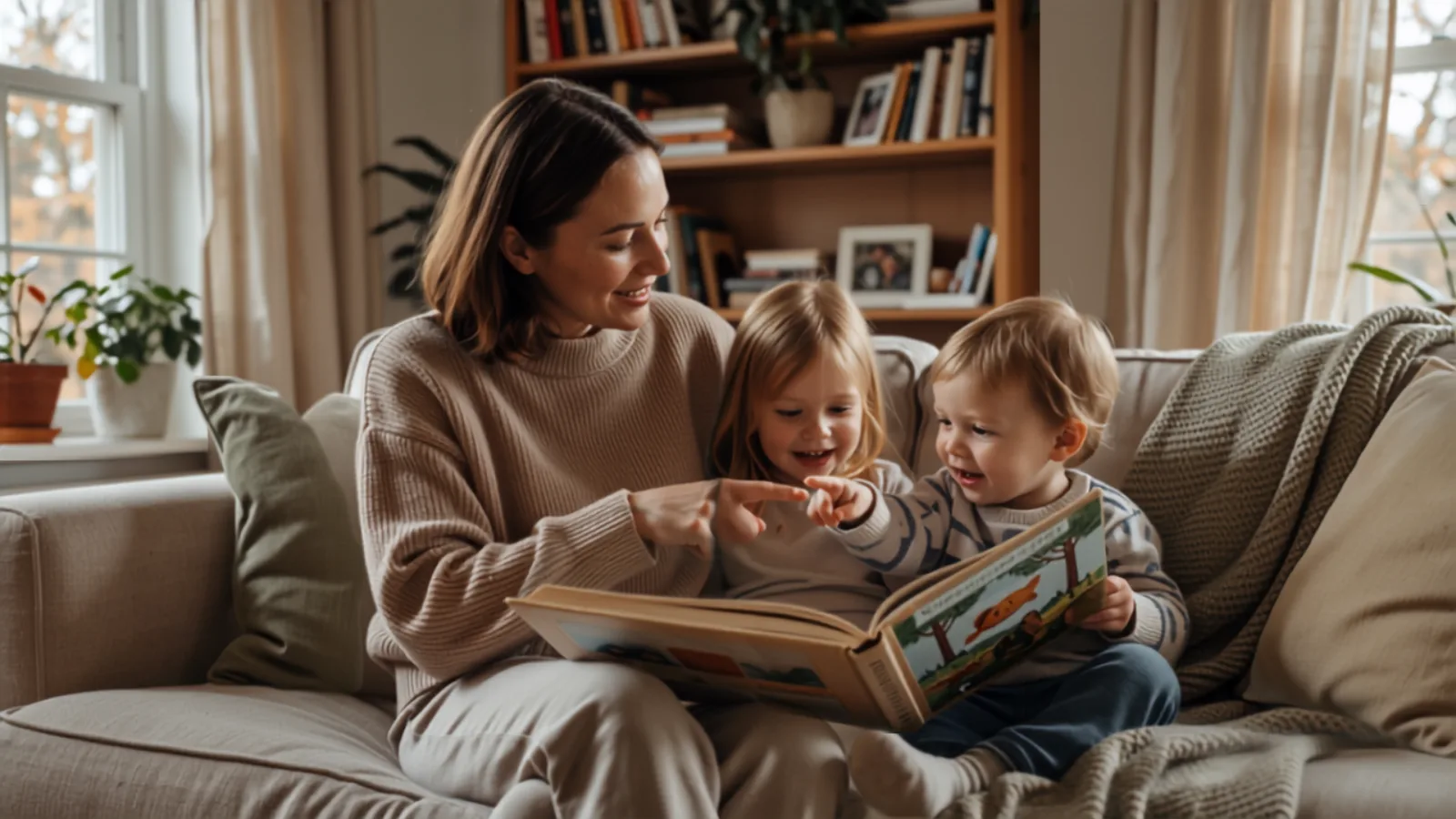 Mother and her four-year-old sharing a large picture book on the sofa, the child pointing and speaking