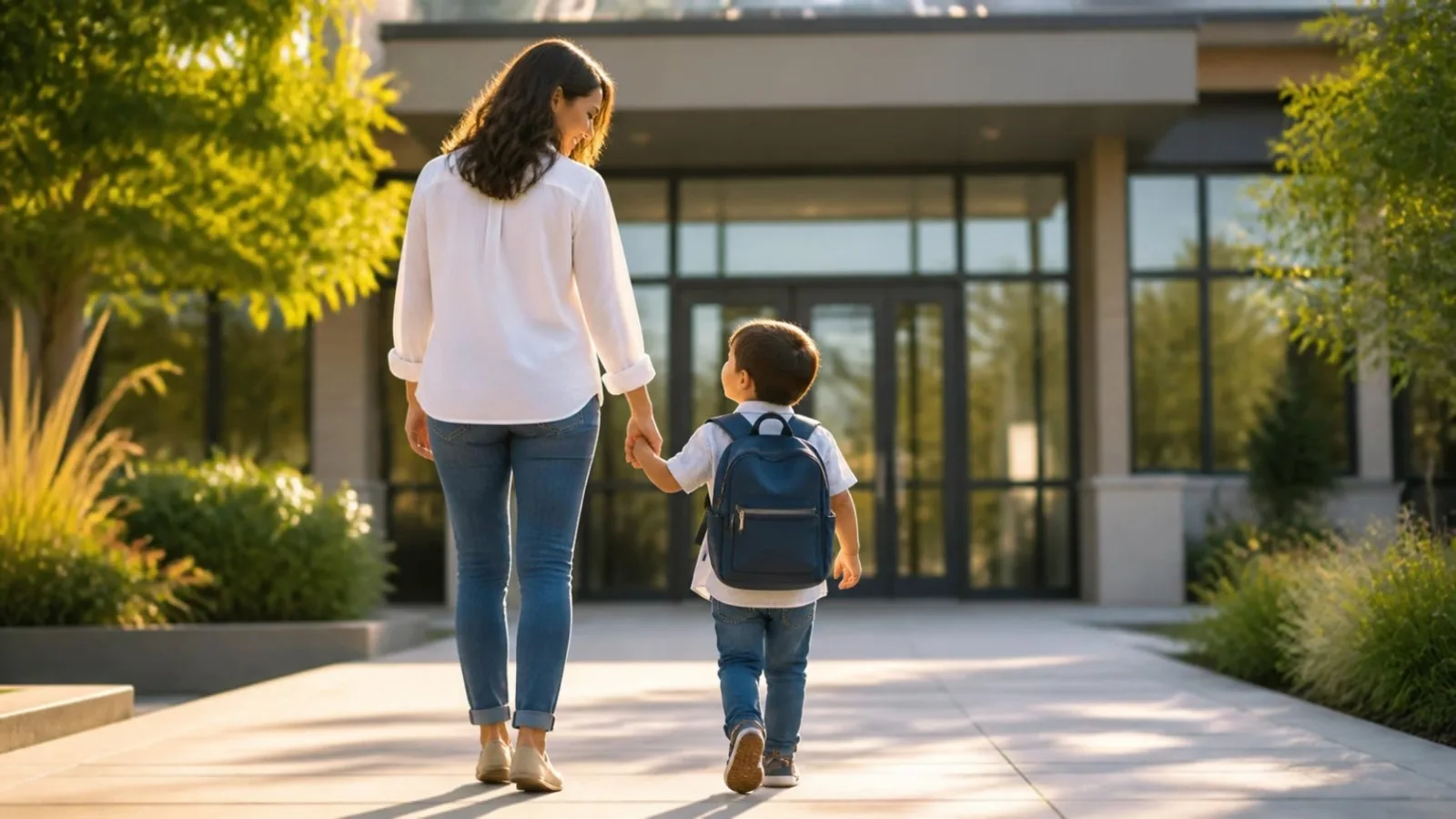 Small child with a backpack walking into school holding a parent's hand — starting KG1 in Dubai