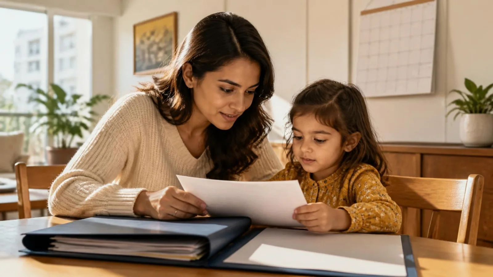 Mother and four-year-old child at a sunlit table with school admission papers and a calendar — KG1 Dubai admission age and English readiness