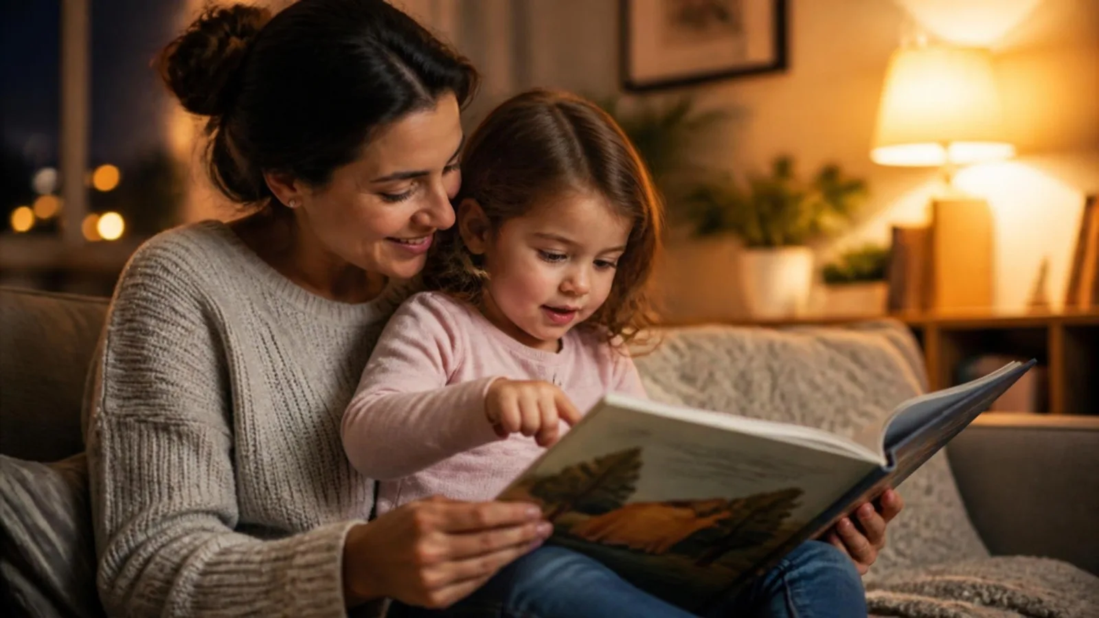 Mother and preschool child reading an English picture book together on a sofa — preparing for KG1 at home
