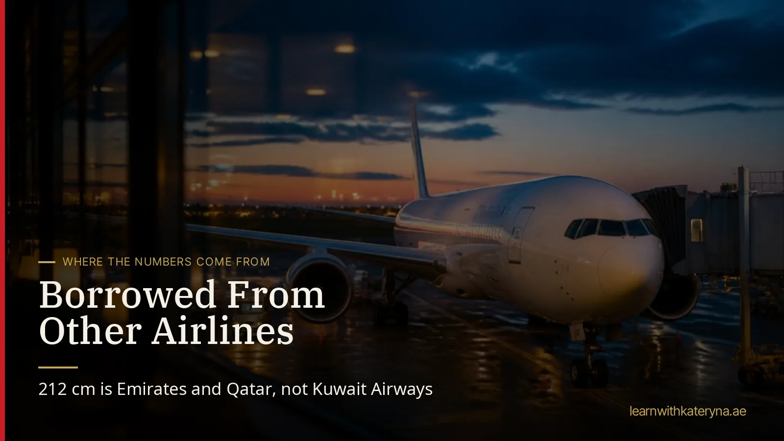 A passenger aircraft parked at an airport gate at dusk seen through a terminal window — Kuwait Airways cabin crew recruitment