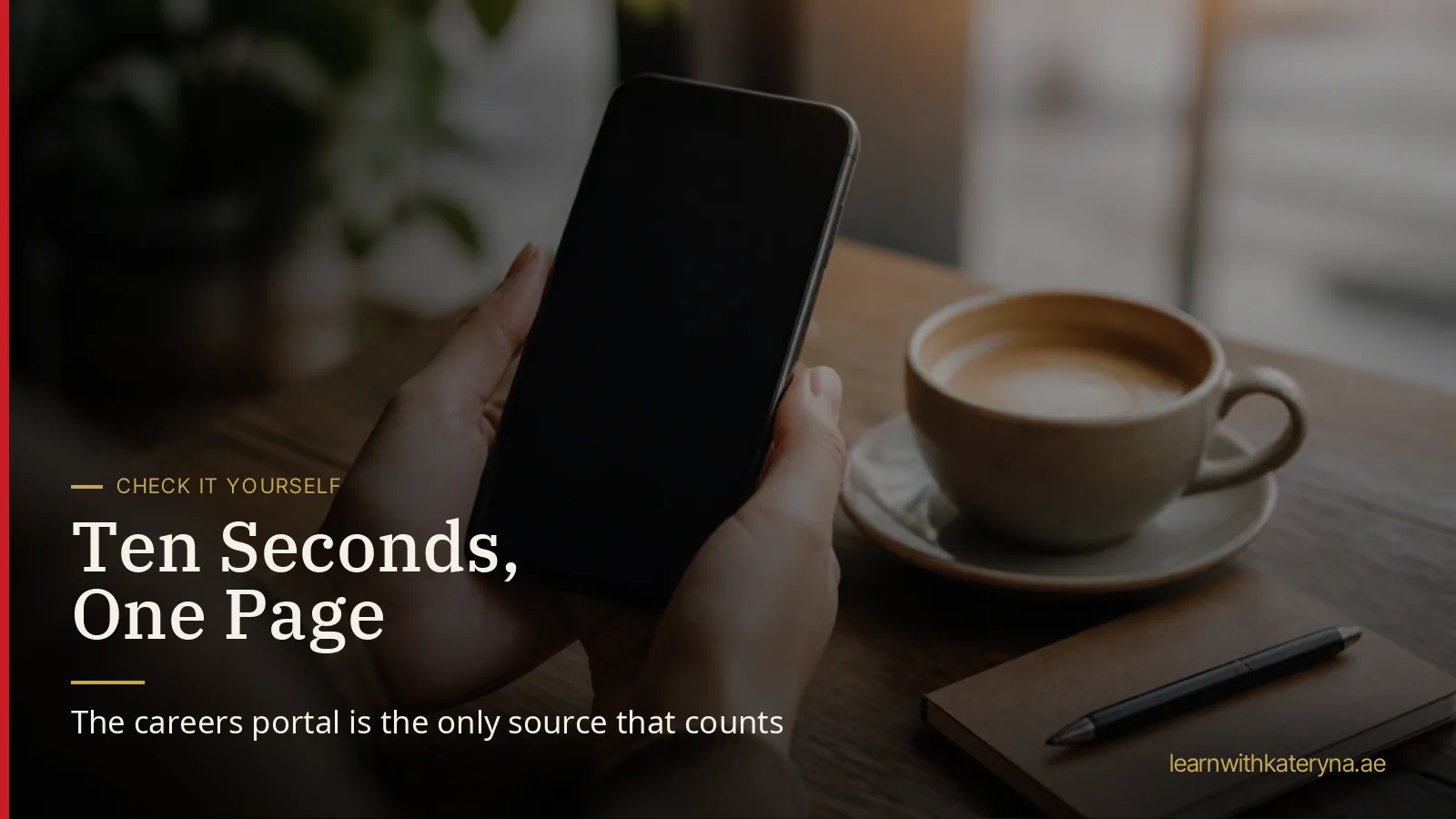 Hands holding a smartphone at a cafe table beside a notebook and coffee — checking an airline's official careers portal