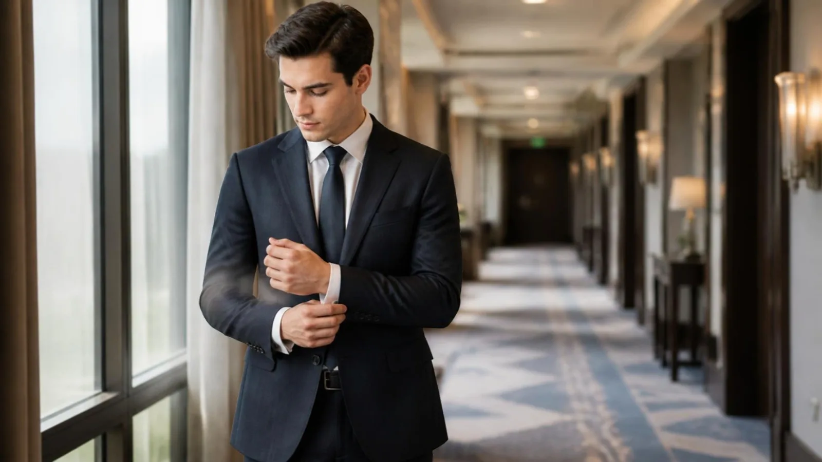 Man in a dark suit and tie adjusting his cuff before a cabin crew recruitment day — Emirates male dress code