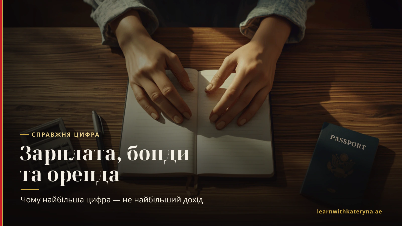 Руки за столом із блокнотом, калькулятором і паспортом — розрахунок реальної зарплати бортпровідниці після бондів та оренди