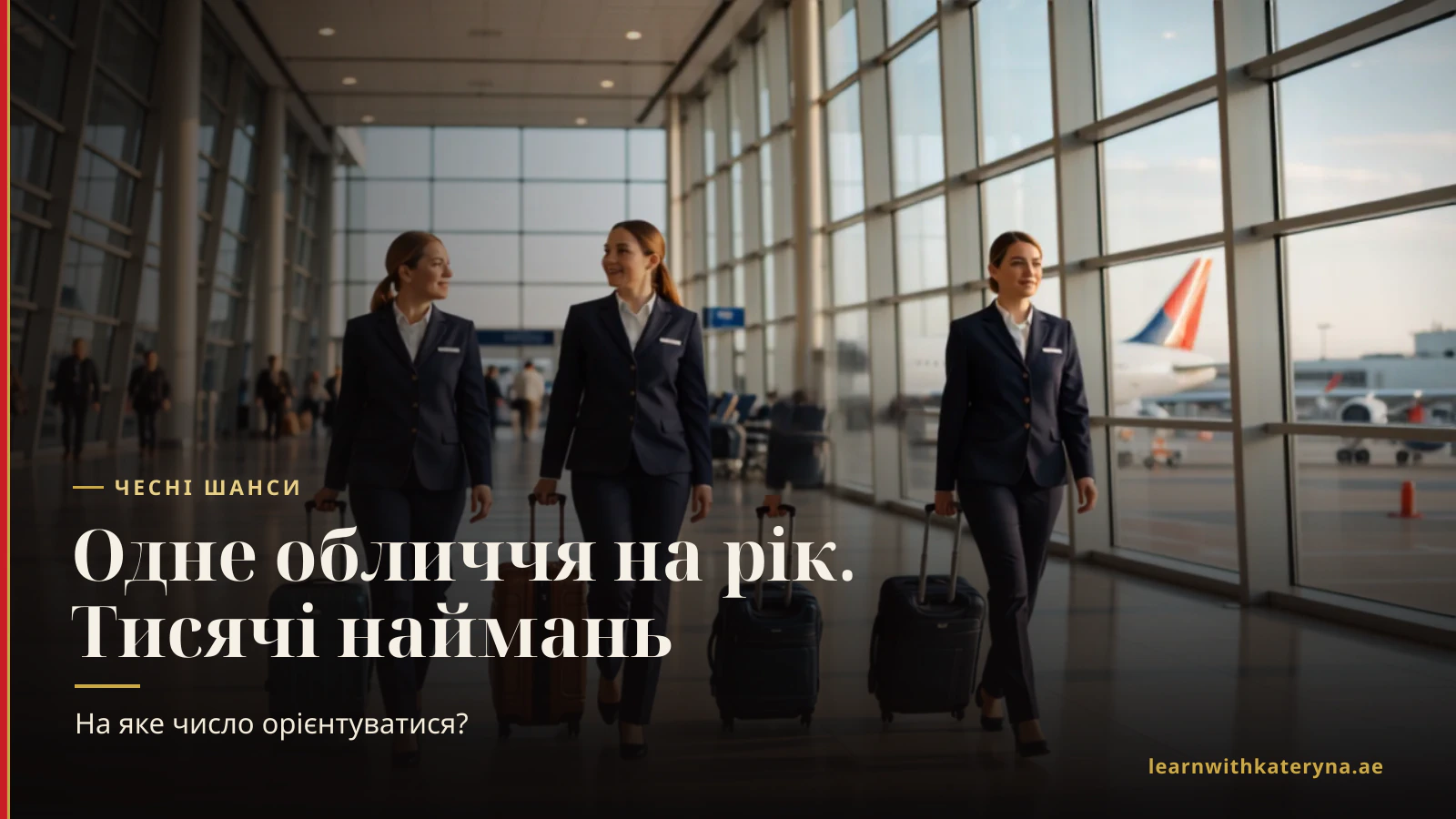 Троє членів екіпажу в простій темно-синій формі йдуть сонячним терміналом аеропорту з валізами