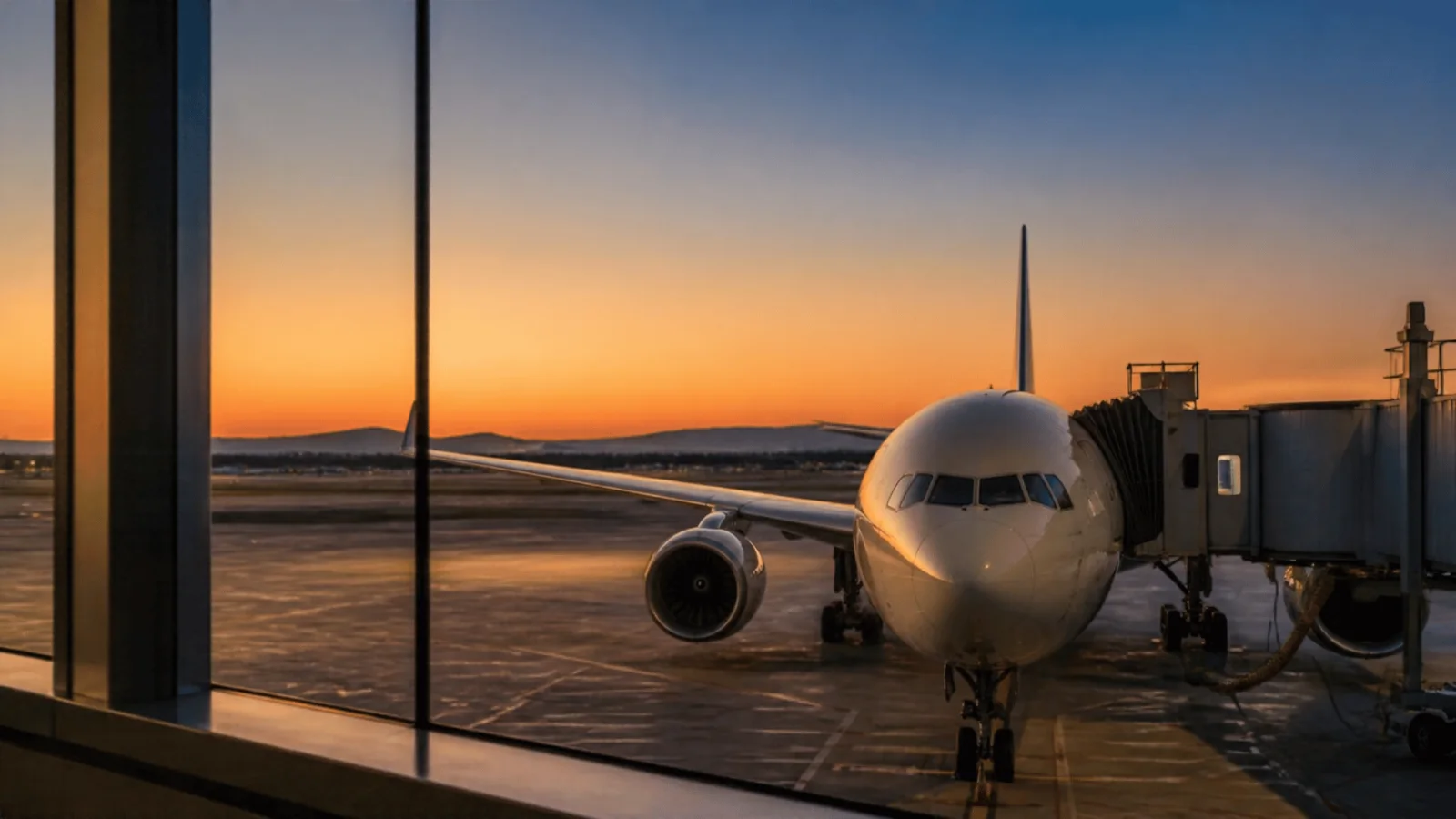 A passenger aircraft parked at an airport gate at dusk seen through a terminal window — Oman Air cabin crew recruitment