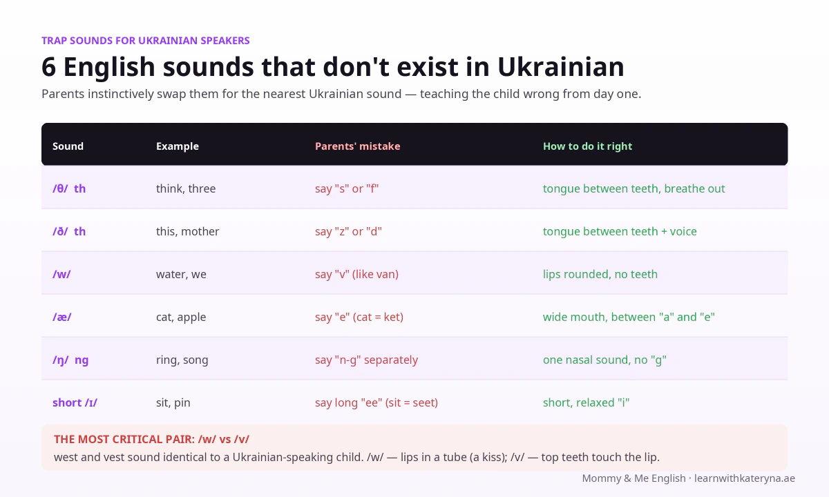 English sounds that don't exist in Ukrainian — th, w, æ, ng, short i, h — and how to pronounce them correctly