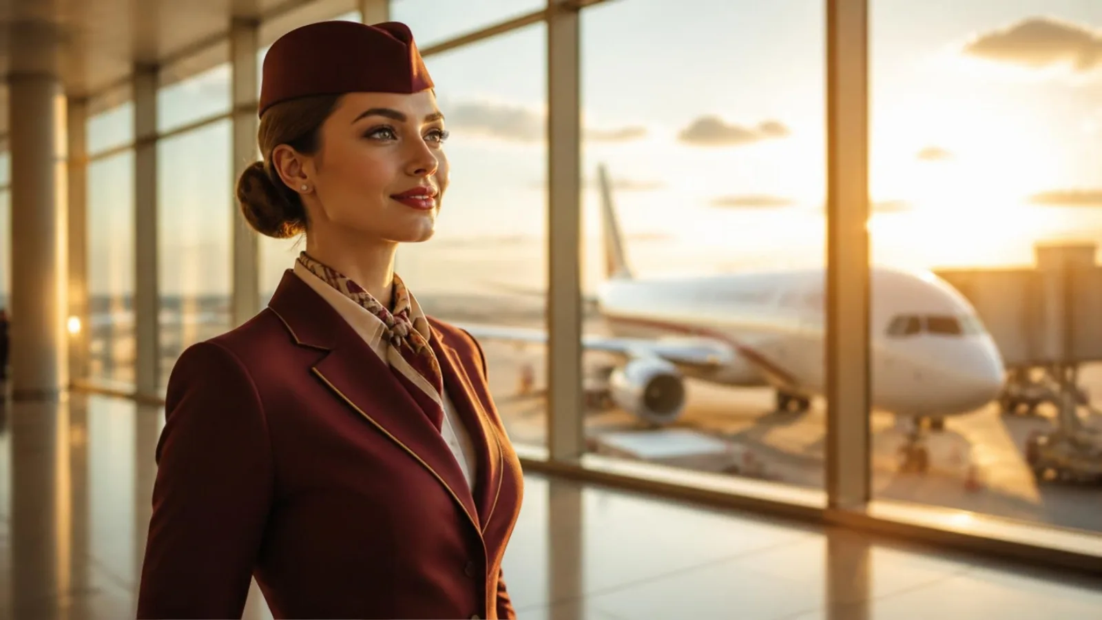 Cabin crew member in a burgundy uniform in a sunlit airport terminal with an aircraft behind - Qatar Airways cabin crew requirements 2026