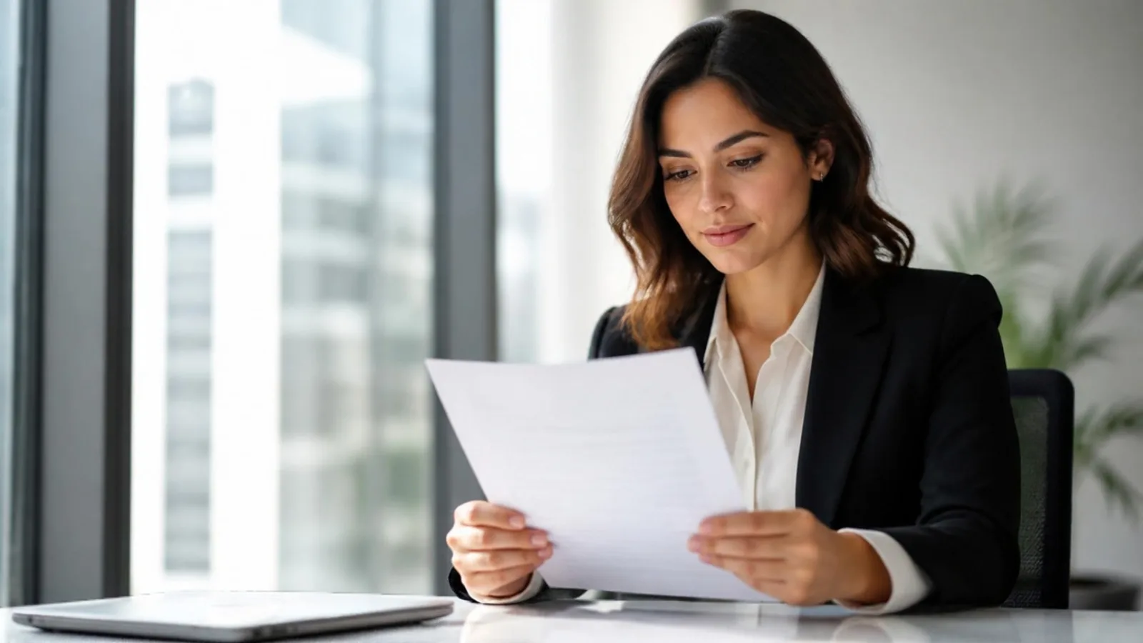 Woman in business attire reading a printed job requirement document at a desk — Qatar Airways cabin crew published requirements