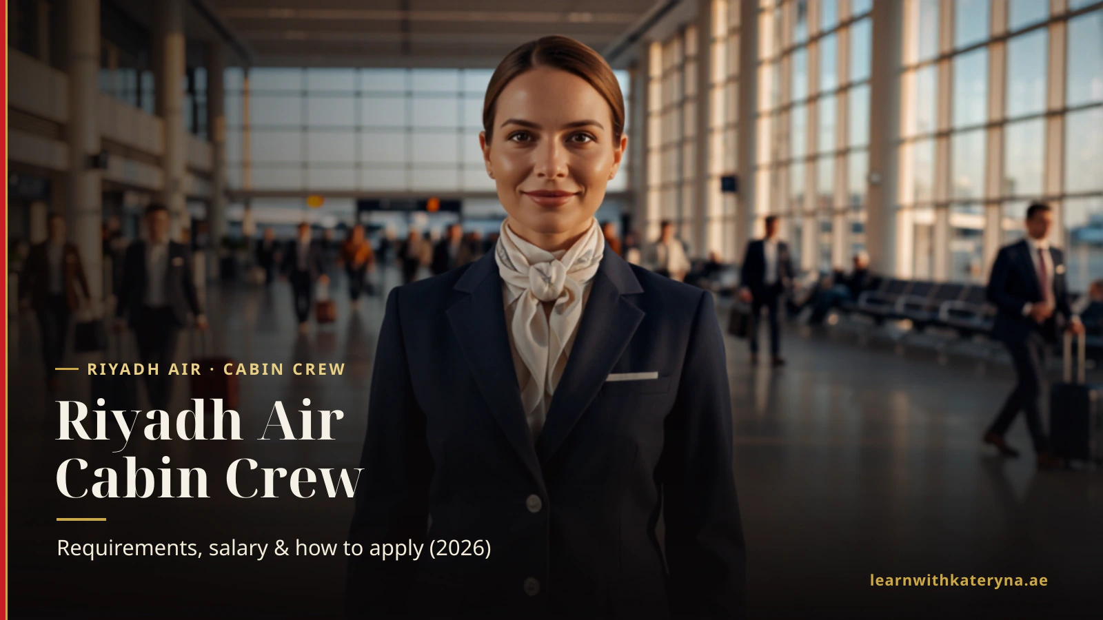 Riyadh Air cabin crew member in indigo uniform in an airport terminal — how to become Riyadh Air cabin crew