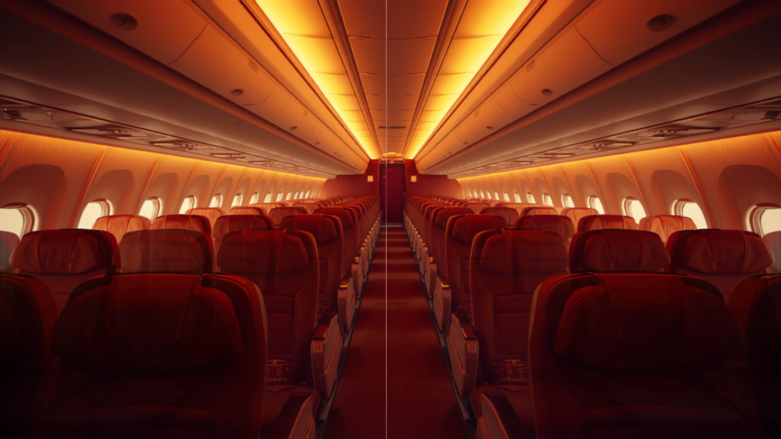 Wide interior view of the Emirates A380 cabin with warm amber lighting — the stage where the 12 role-play conversations unfold