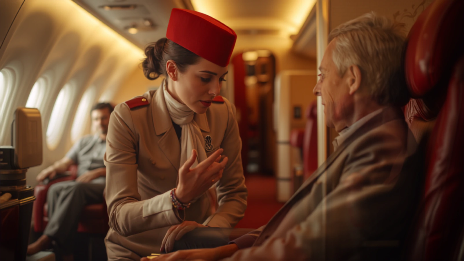 Emirates cabin crew woman in beige uniform kneeling to eye level with a business-class passenger — the Acknowledge step of the A-S-R framework