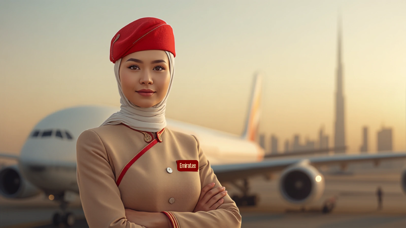 Emirates cabin crew woman in beige uniform and red hat standing in front of an A380 in Dubai with Burj Khalifa in the background