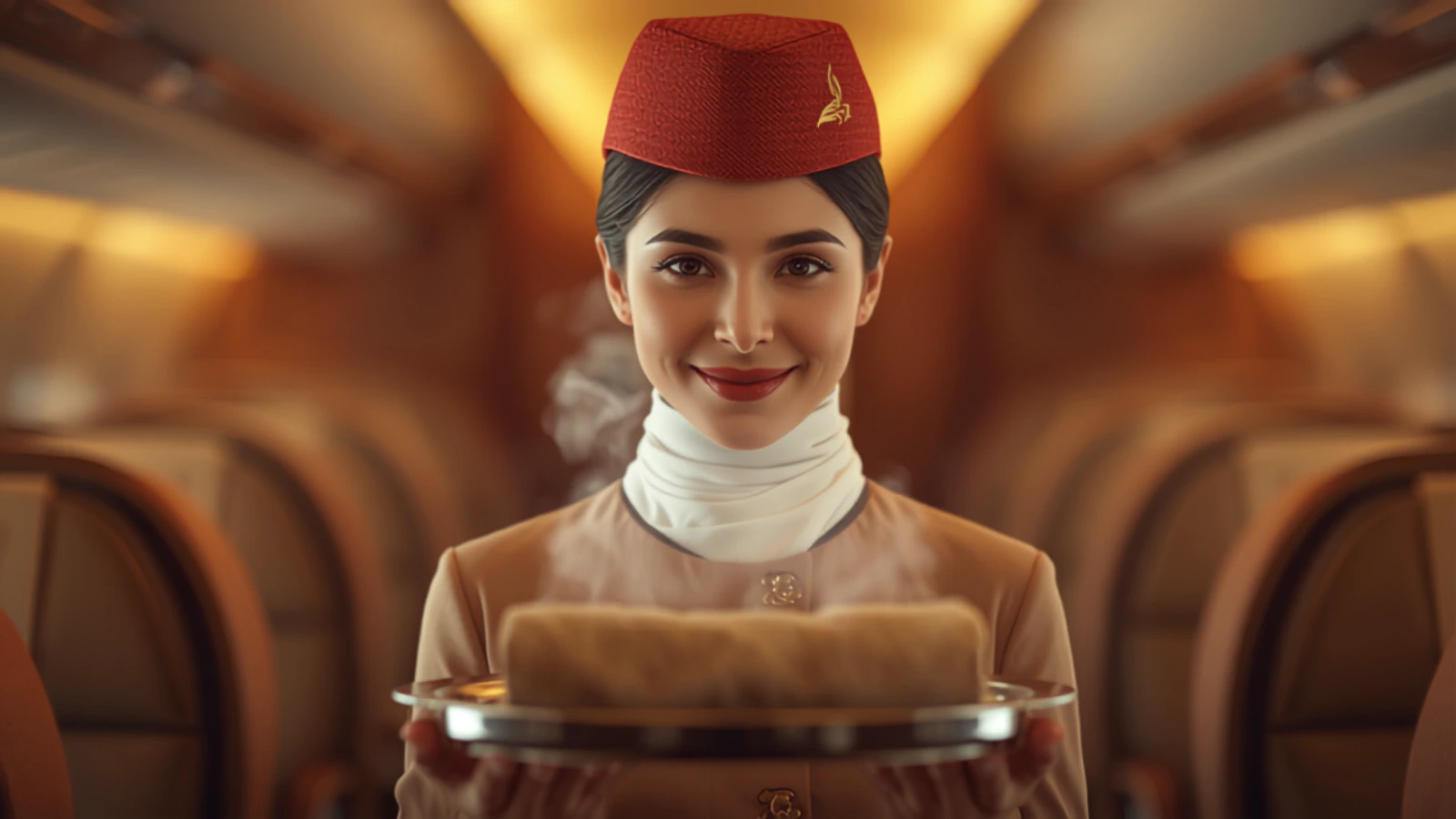 Close portrait of an Emirates cabin crew member holding a silver tray with a hot towel — the Emirates-approved answer visualised