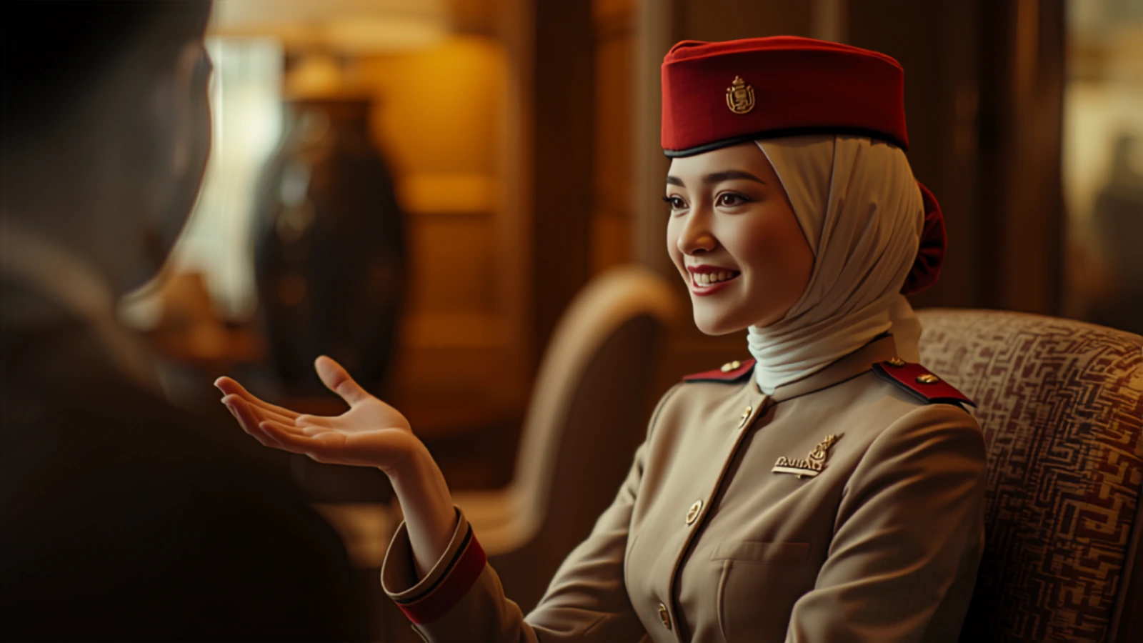 Emirates cabin crew member sitting at an interview table introducing herself — the 3P formula Present Past Purpose