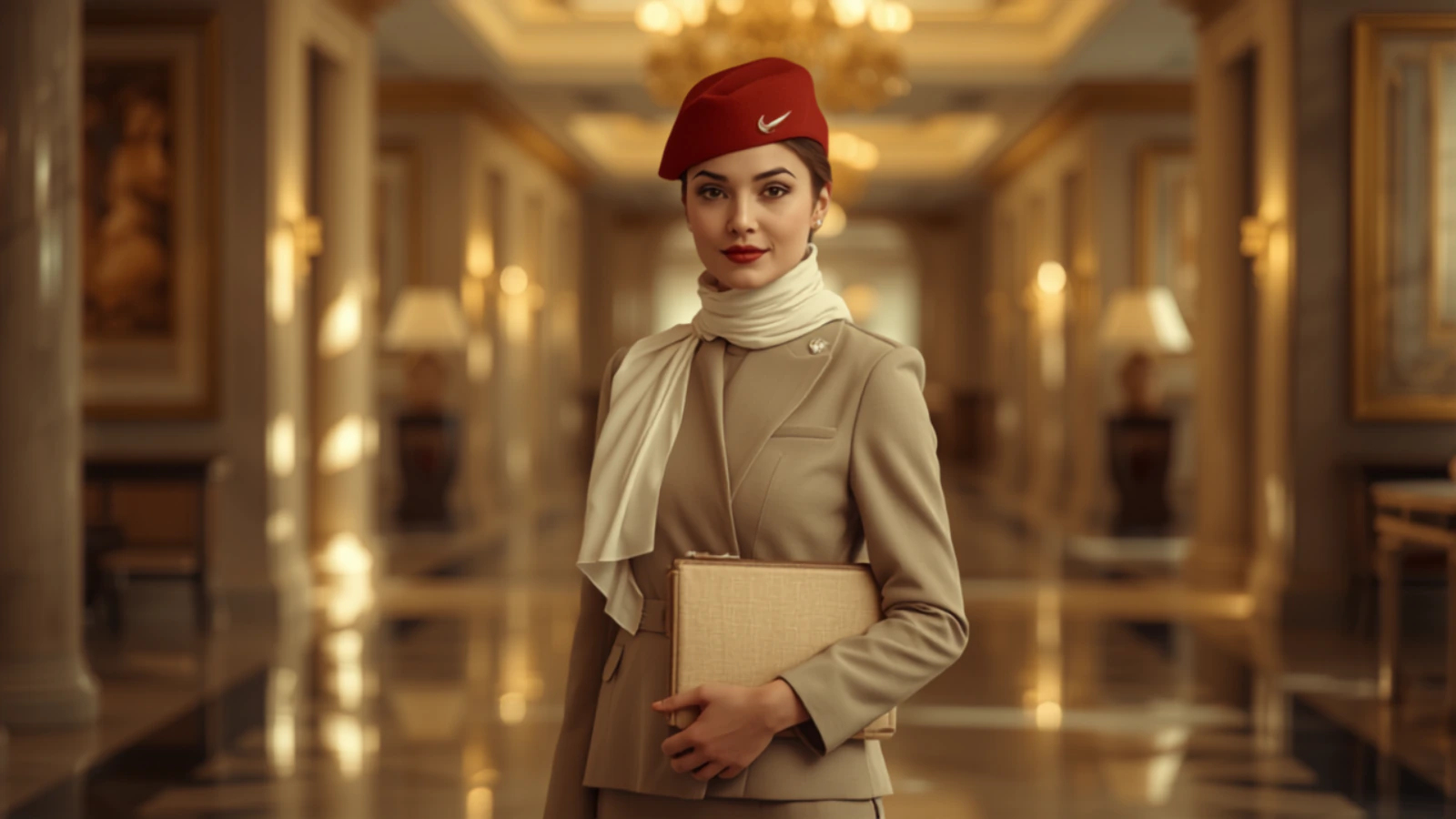 Emirates cabin crew woman in beige uniform standing in a Dubai hotel lobby — the visual bridge from past career to aviation