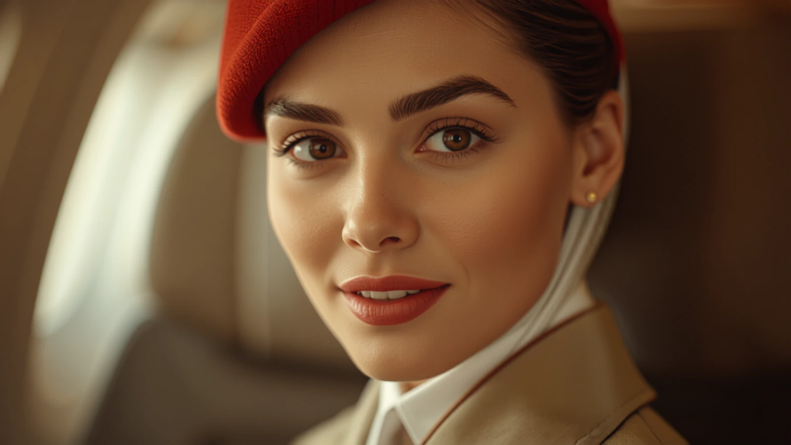 Close-up portrait of an Emirates cabin crew woman in warm interview light — the first 20 seconds the recruiter scores smile, posture, energy