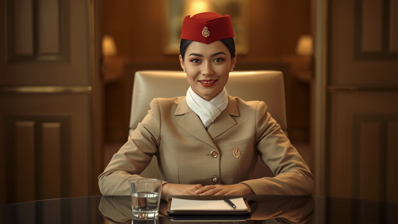 Young Emirates cabin crew woman in beige uniform and white scarf at an interview table in a warm Dubai hotel meeting room