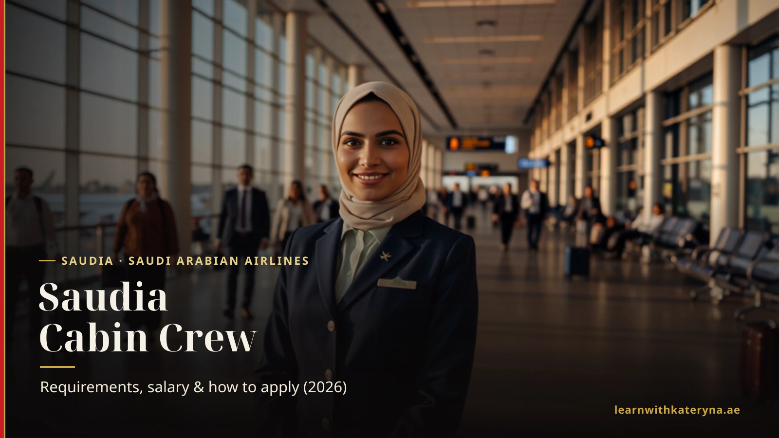 Saudia cabin crew member in navy uniform in an airport terminal — how to become Saudia cabin crew