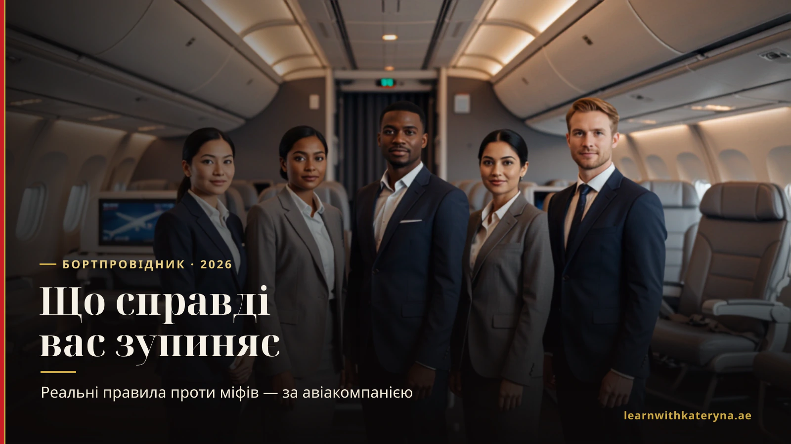 Впевнений міжнародний екіпаж бортпровідників в уніформі — що заважає стати бортпровідником у 2026 році