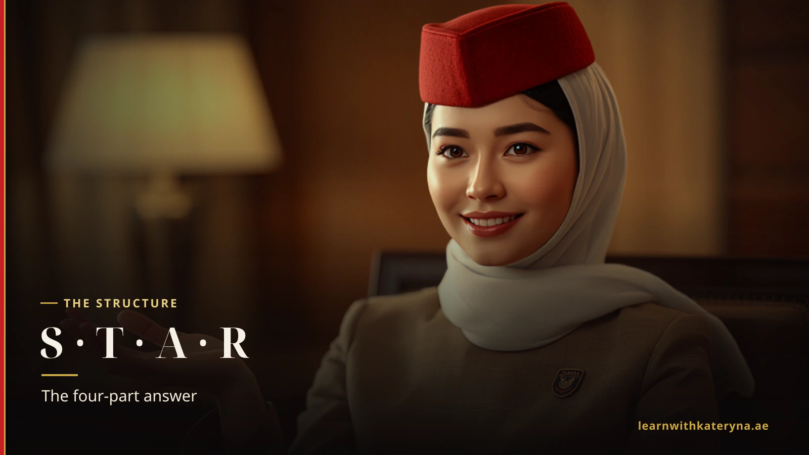 STAR method for a cabin crew interview — one answer broken into Situation, Task, Action, Result with time percentages
