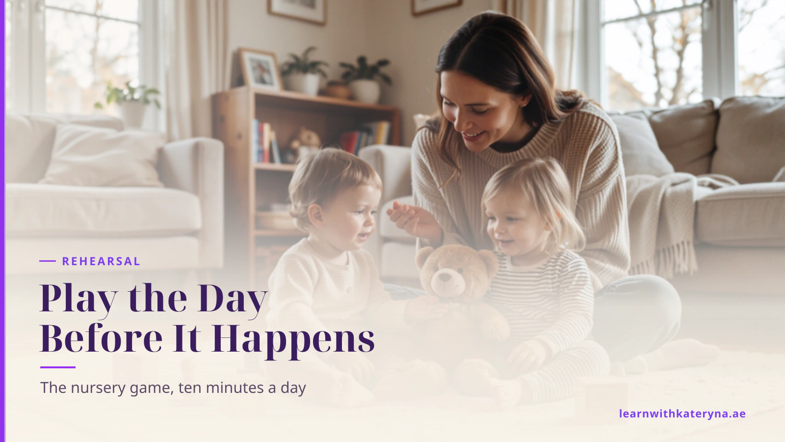 Mother and children rehearsing the nursery day at home with a teddy bear