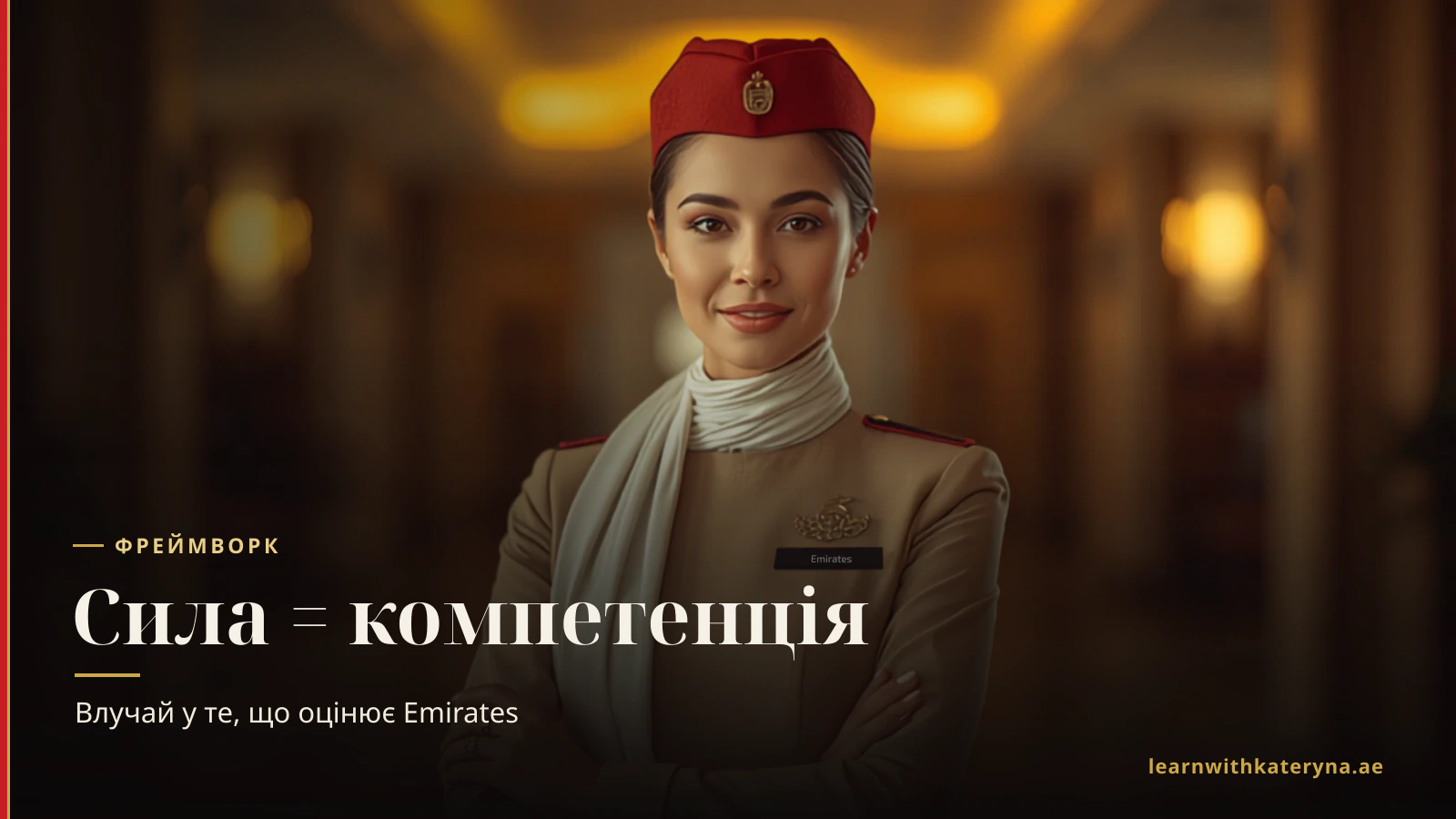 Впевнена бортпровідниця Emirates у беж-червоній формі — сильні сторони, що збігаються з компетенціями екіпажу