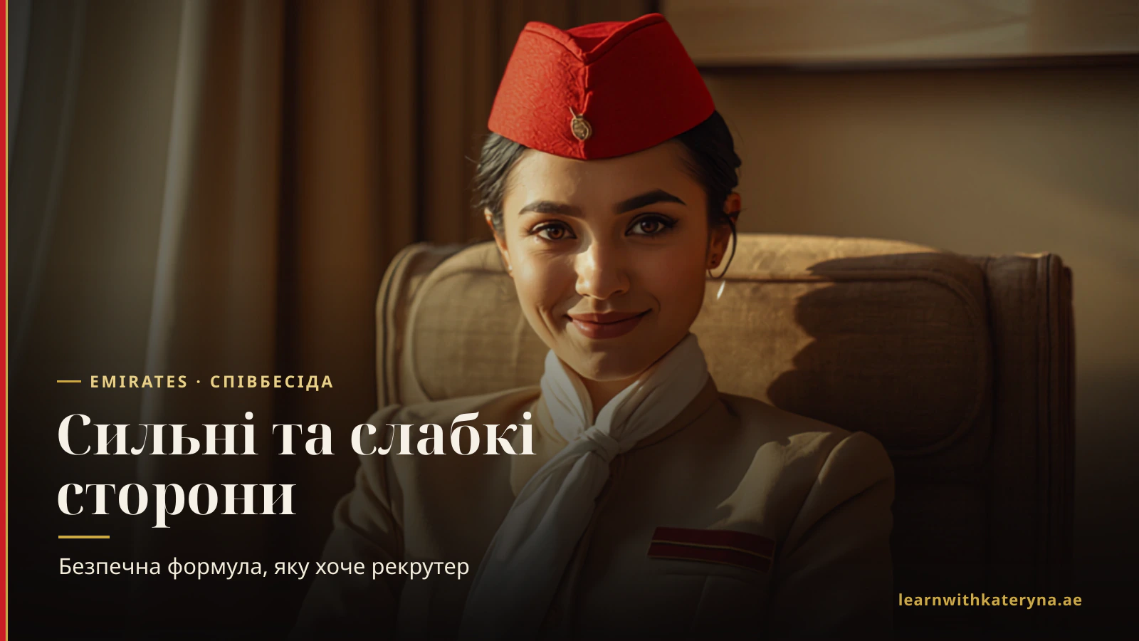 Бортпровідниця Emirates у беж-червоній формі усміхається біля вікна — відповідь про сильні та слабкі сторони