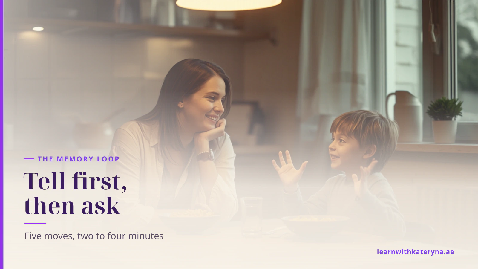 A mother and her young son sit at a kitchen table at dinner, the boy telling a story with his hands while his mother listens and smiles