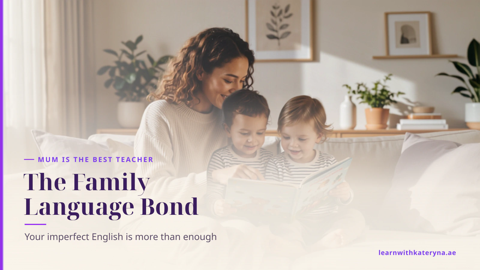 Mother and children laughing together in English at home — a joyful family language environment