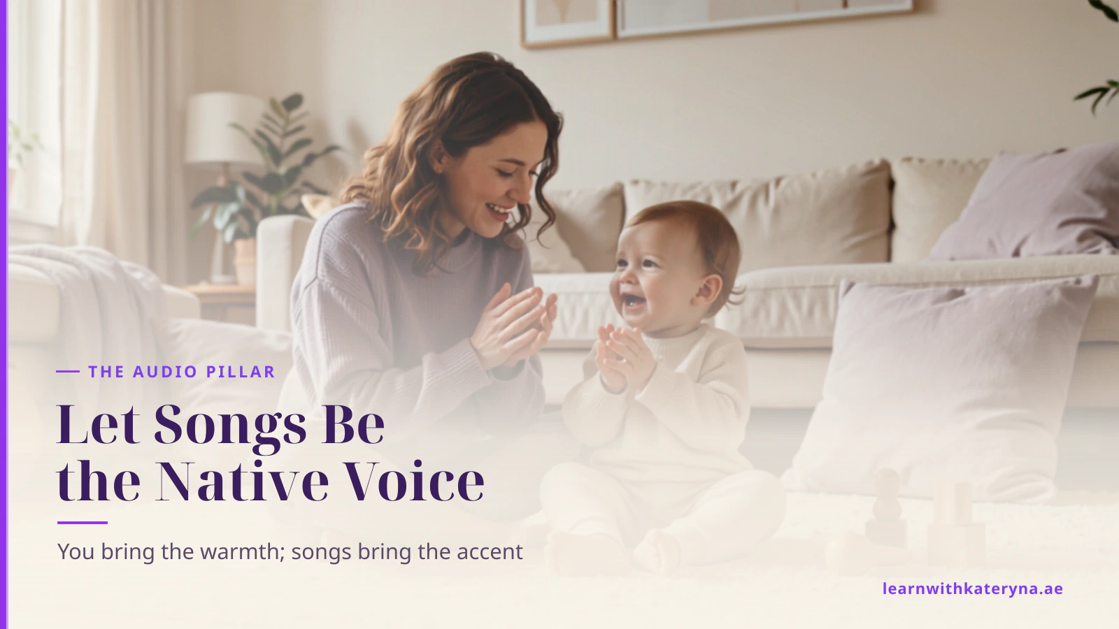 Mother and toddler singing and clapping to an English song together at home