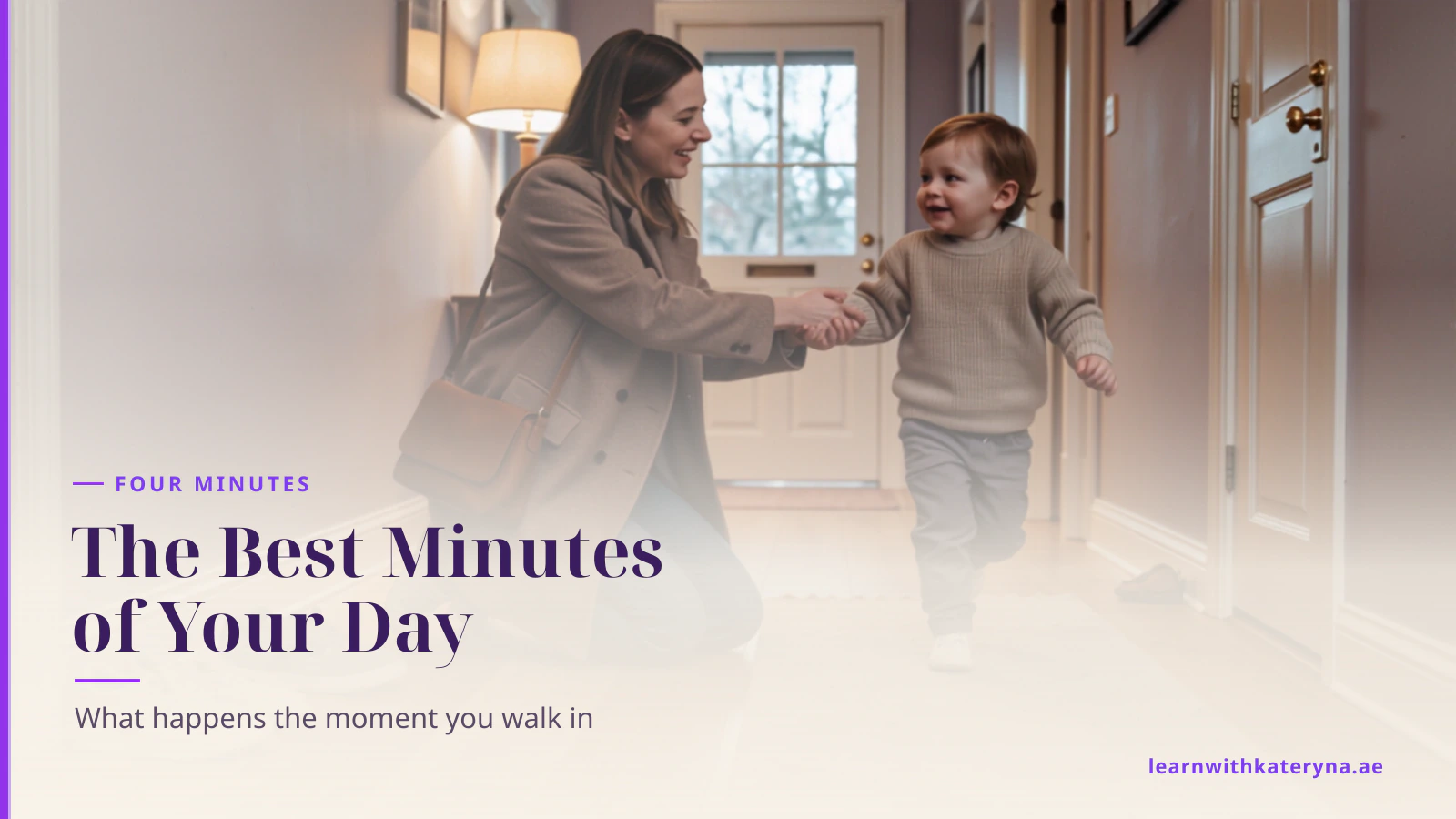 Mother still in her coat kneeling in the hallway as her toddler runs into her arms after work