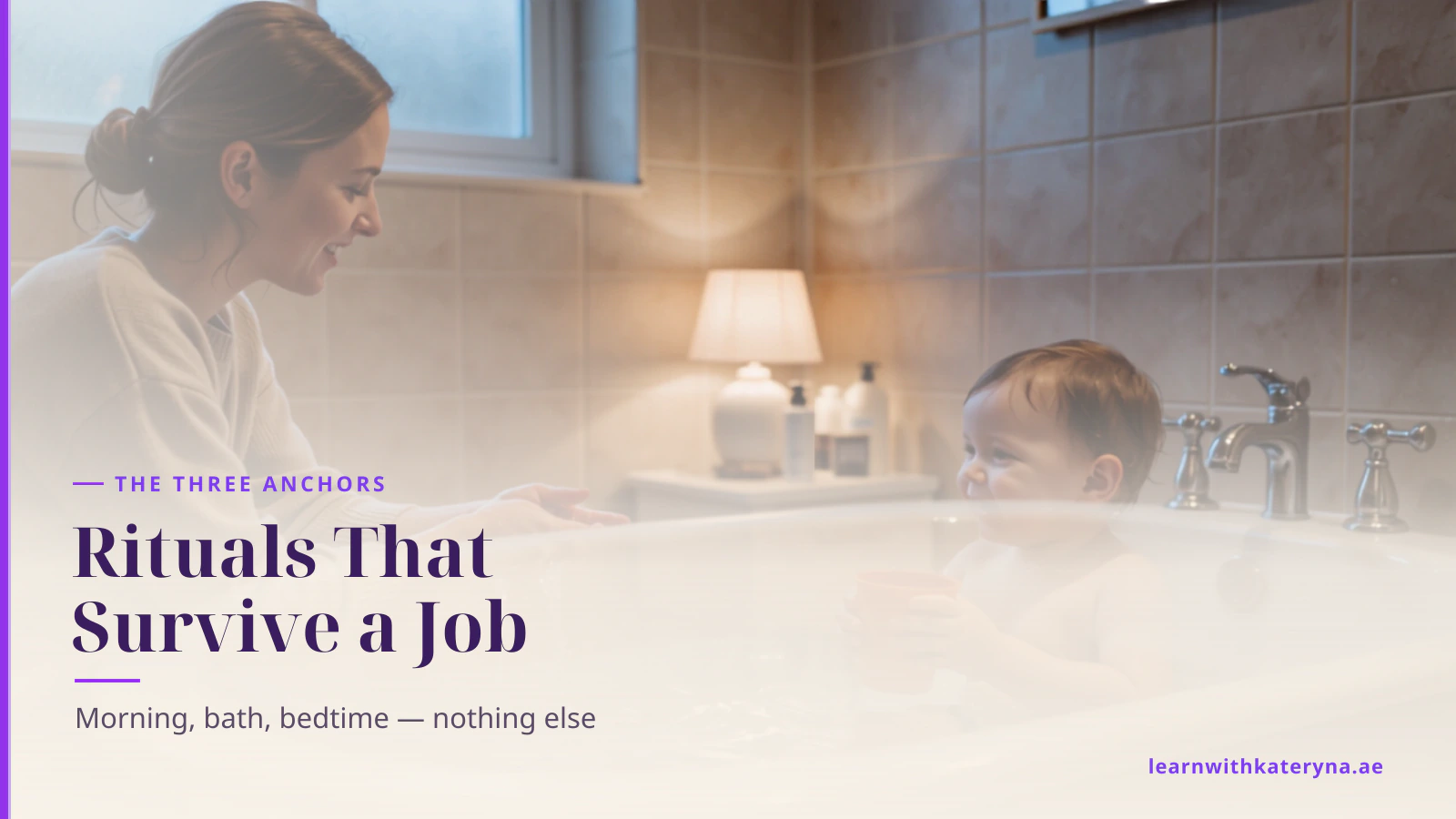 Mother kneeling beside the bath washing her toddler son during the evening bath ritual
