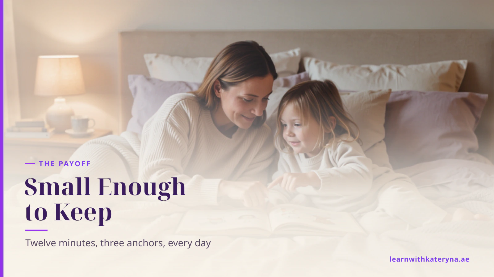 Mother and daughter reading a picture book together in bed at bedtime, the child pointing at the page