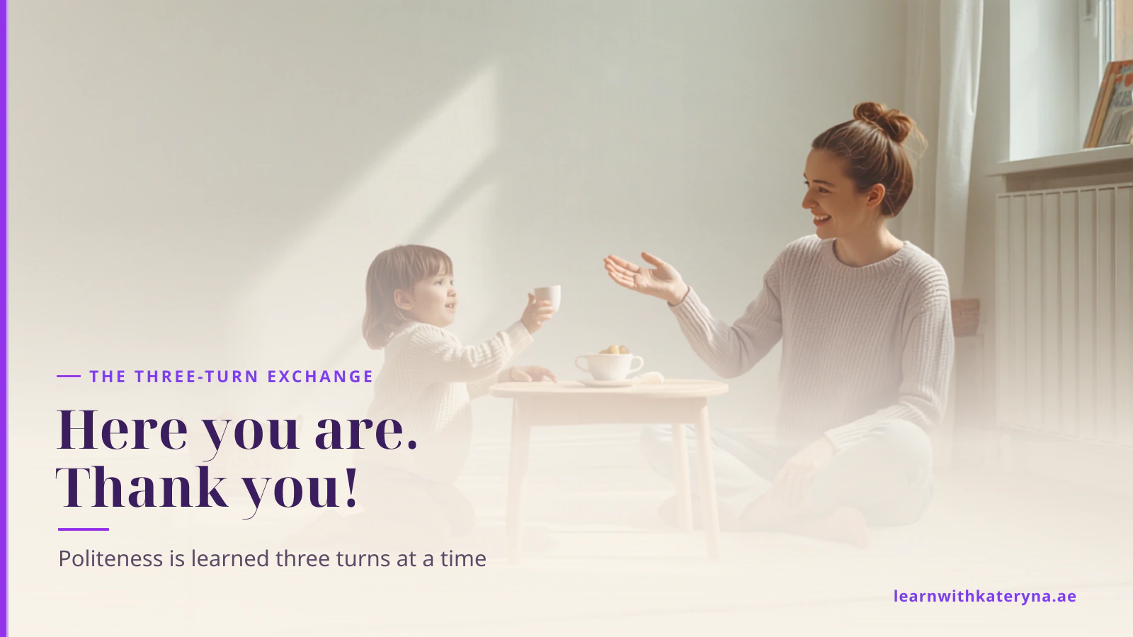 A toddler hands a toy teacup to her mother during play on the living room rug while the mother reaches out to take it with a smile