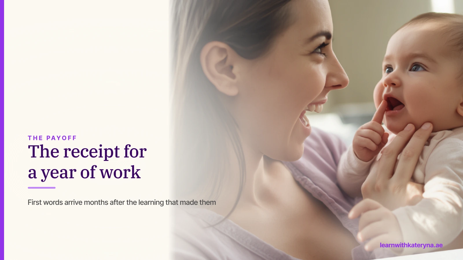 A mother and her baby laugh face to face, both mid-sound, in warm daylight at home