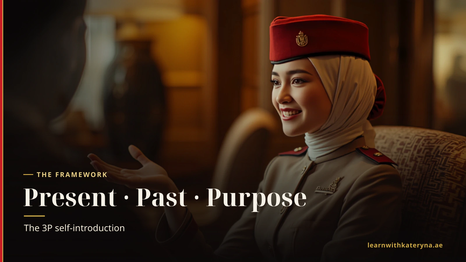 Emirates cabin crew member sitting at an interview table introducing herself — the 3P formula Present Past Purpose