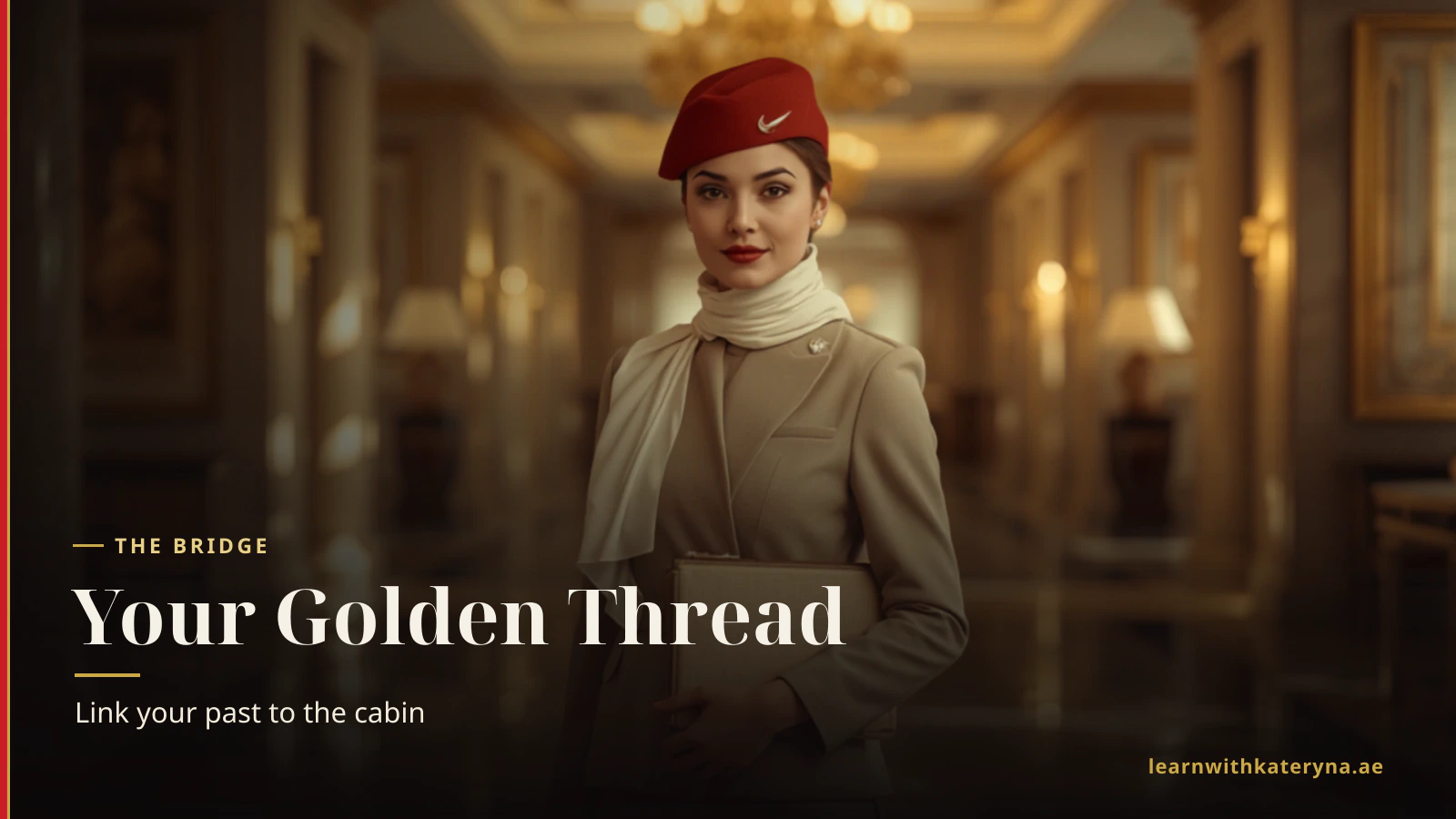 Emirates cabin crew woman in beige uniform standing in a Dubai hotel lobby — the visual bridge from past career to aviation