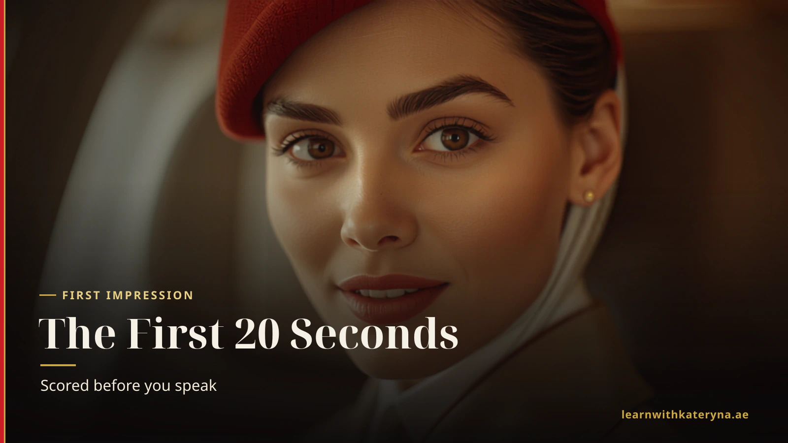 Close-up portrait of an Emirates cabin crew woman in warm interview light — the first 20 seconds the recruiter scores smile, posture, energy