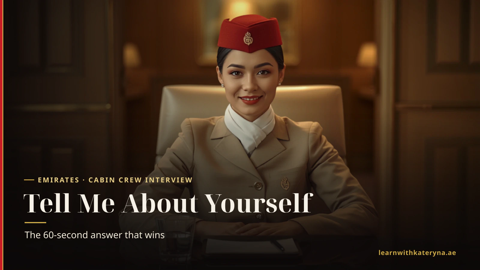 Young Emirates cabin crew woman in beige uniform and white scarf at an interview table in a warm Dubai hotel meeting room