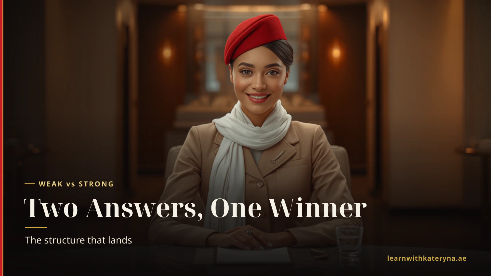 Comparison of a weak self-introduction and an Emirates-approved cabin crew tell-me-about-yourself answer